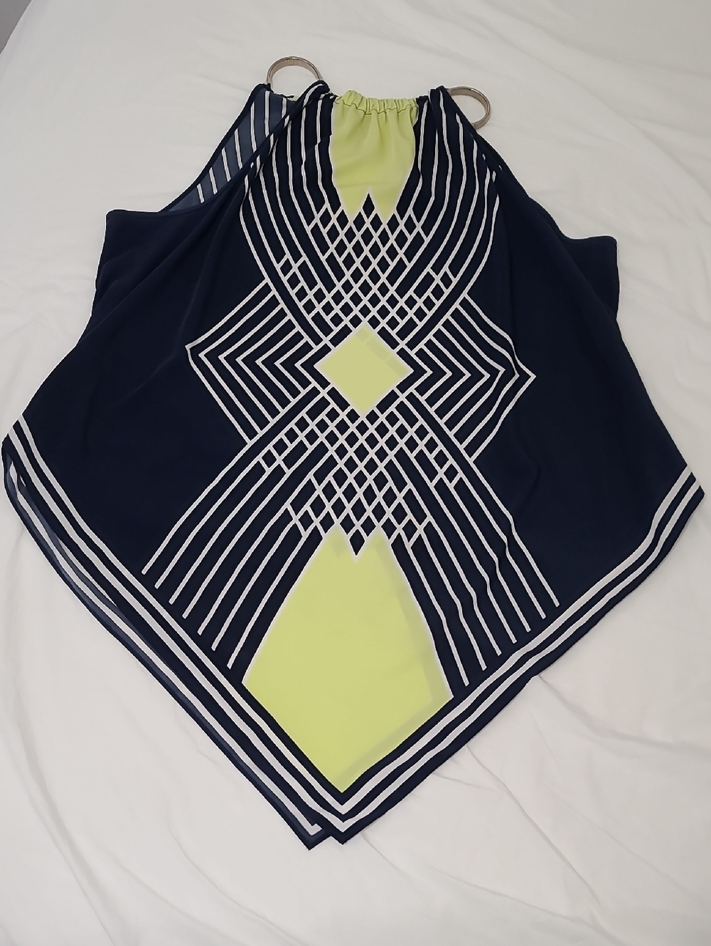 Women’s Sleeveless Geometric-Print Halter Top in Navy, White, and Lime